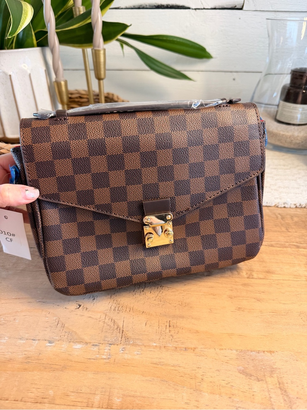 Brown Checker-Pattern Women's Crossbody Bag with Gold Lock